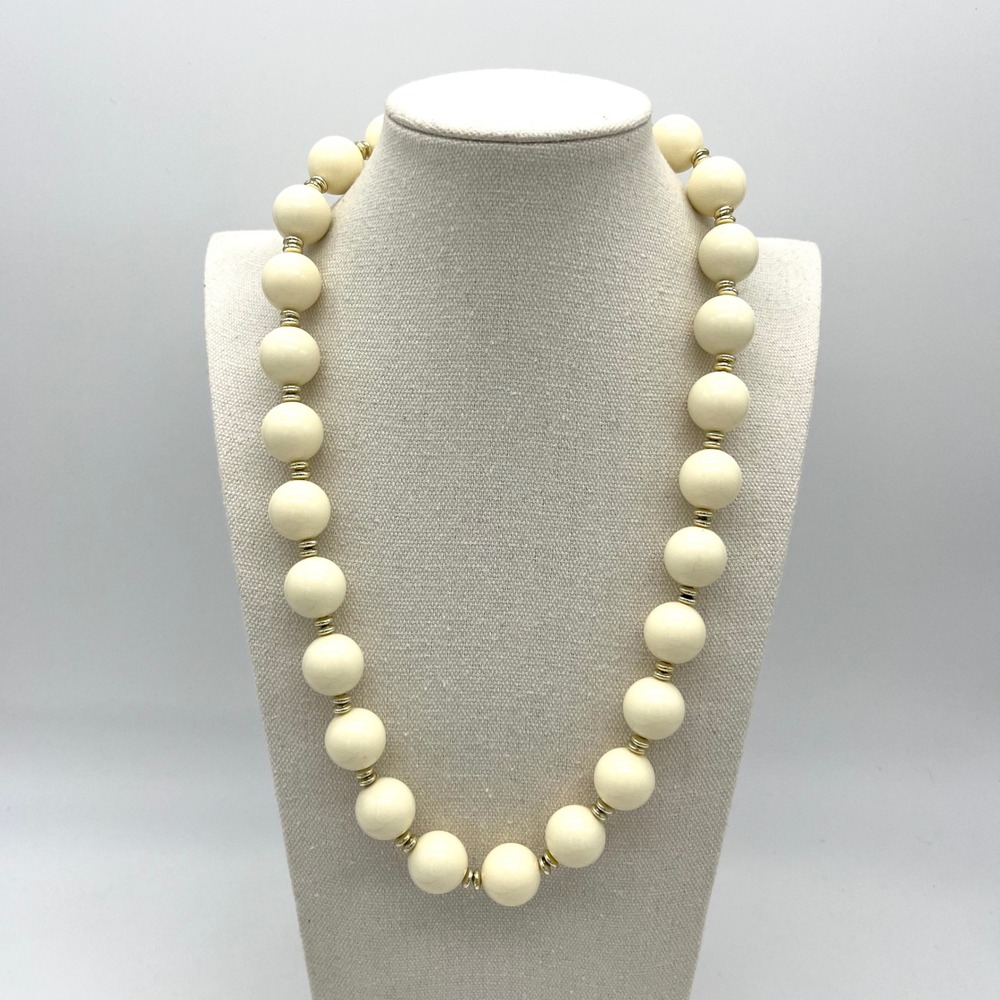 Vintage Beaded Necklace Cream Round Beads Gold Accents Costume Jewelry